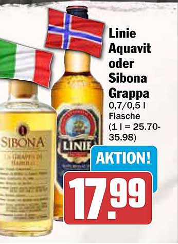 Linie Aquavit oder Sibona Grappa 0,7/0,5 l Flasche