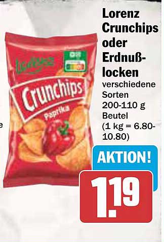 Lorenz Crunchips oder Erdnusslocken 200-110 g Beutel