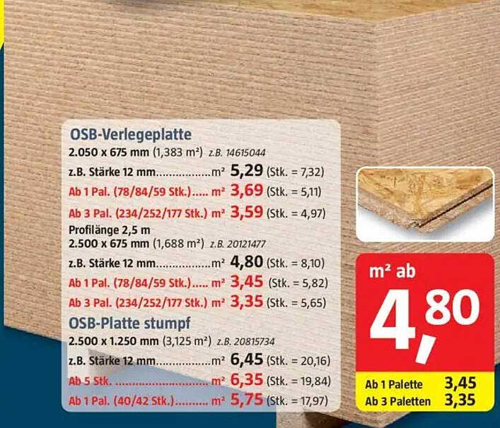 OSB-Verlegeplatte 2.050 x 675 mm (1,383 m²) z.B. Stärke 12 mm