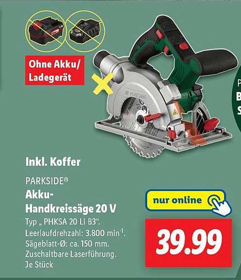PARKSIDE® Akku-Handkreissäge 20 V inkl. Koffer