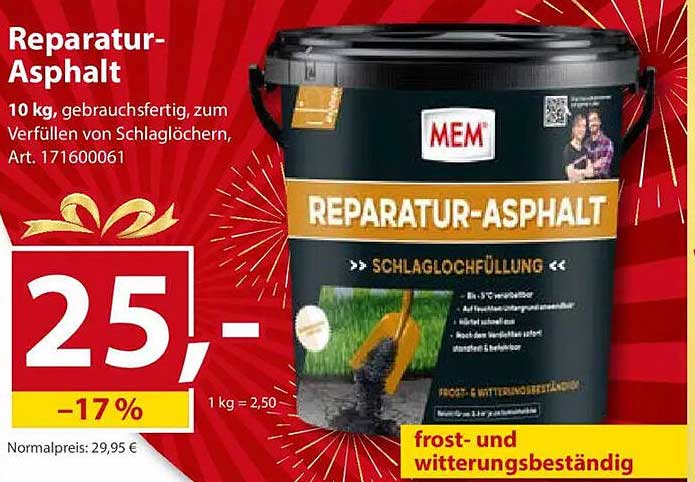 Reparatur-Asphalt 10 kg - gebrauchsfertig zum Verfüllen von Schlaglöchern