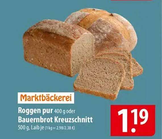 Roggen pur 400 g oder Bauernbrot Kreuzschnitt 500 g