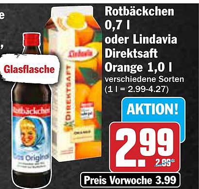Rotkäppchen Sekt 0,7 l oder Lindavia Direktsaft Orange 1,0 l