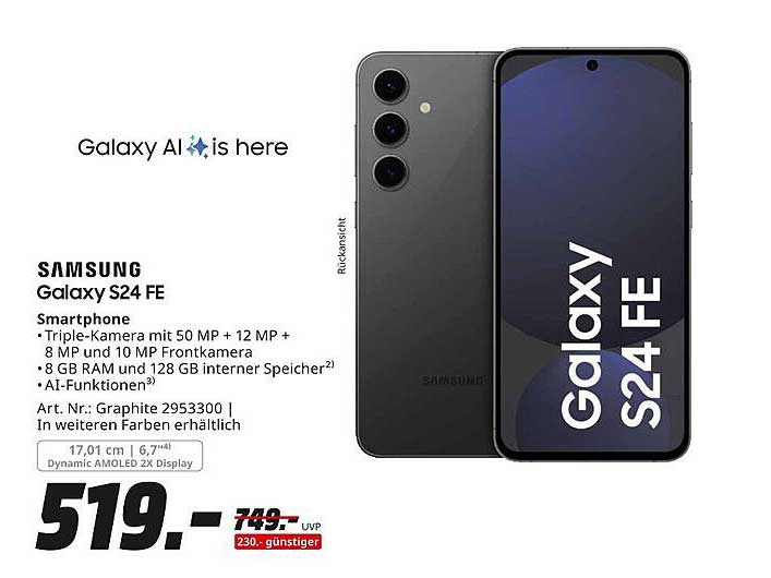 Samsung Galaxy S24 FE - jetzt für nur 519 €