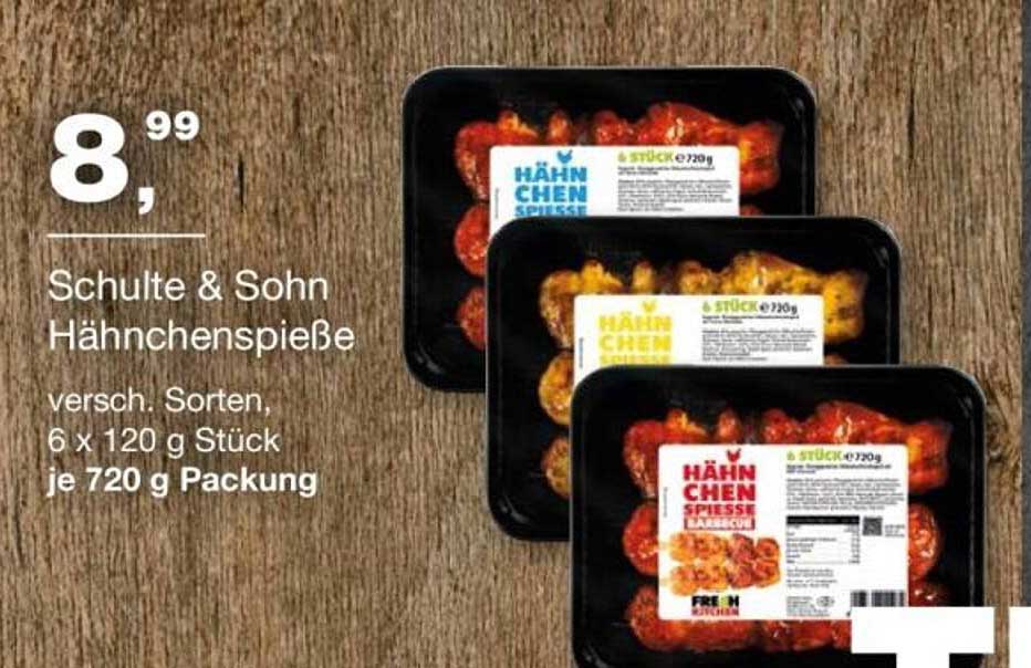 Schulte & Sohn Hähnchenspieße, verschiedene Sorten, 6 x 120 g Stück je 720 g Packung