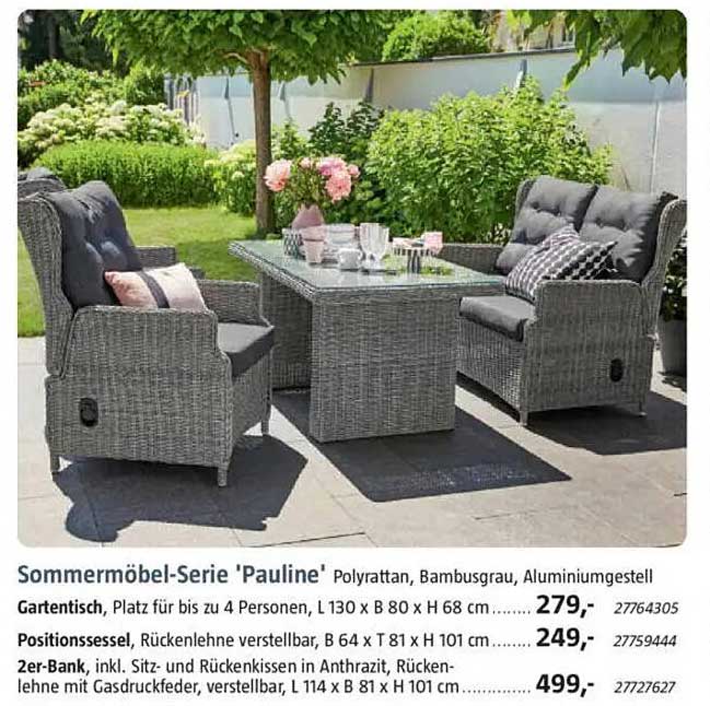 Sommermöbel-Serie 'Pauline' - Poly rattan, Bambus grau, Aluminiumgestell