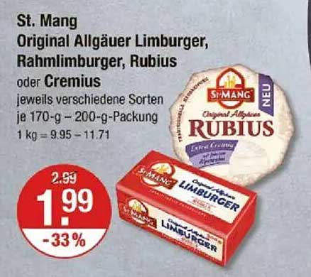 St. Mang Original Allgäuer Limburger, Rahmlimburger, Rubius oder Cremius