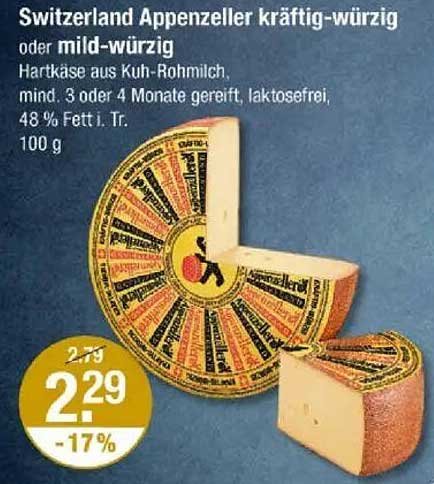 Switzerland Appenzeller kräftig-würzig oder mild-würzig Hartkäse aus Kuh-Rohmilch