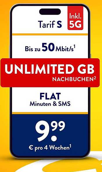 Tarif S – Unbegrenzte Daten für nur 9,99 € pro 4 Wochen