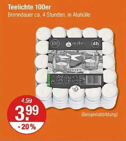 Teelichte 100er - Brenndauer ca. 4 Stunden, in Alu-Hülle