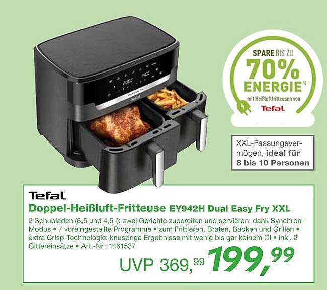 Tefal Doppel-Heißluft-Fritteuse EY942H Dual Easy Fry XXL