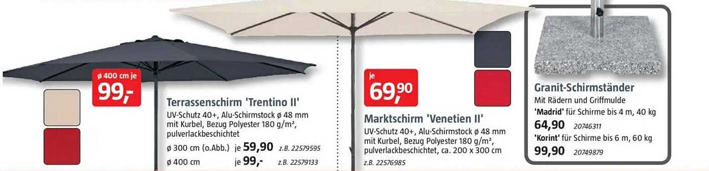 Terrassenschirm 'Trentino II' und Marktschirm 'Venetien II'