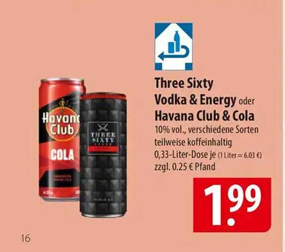 Three Sixty Vodka & Energy oder Havana Club & Cola