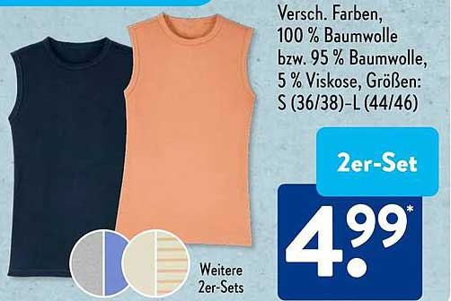 Versch. Farben, 100 % Baumwolle bzw. 95 % Viskose, Größen: S (36/38)-L (44/46) 2er-Set