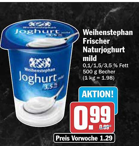 Weihenstephan Frischer Naturjoghurt mild 0,1/1,5/3,5 % Fett 500 g Becher