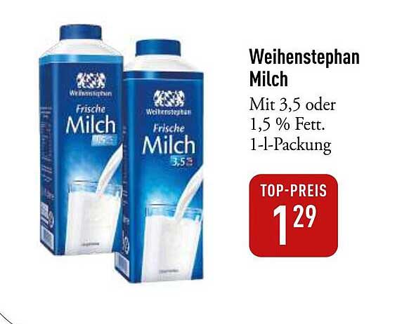 Weihenstephan Milch - Frische Milch mit 3,5 oder 1,5 % Fett - 1-l-Packung