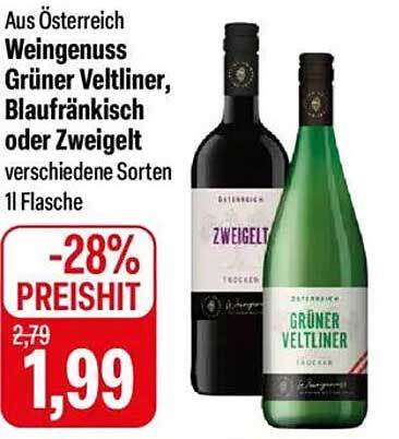 Weingenuss Grüner Veltliner, Blaufränkisch oder Zweigelt 1l Flasche