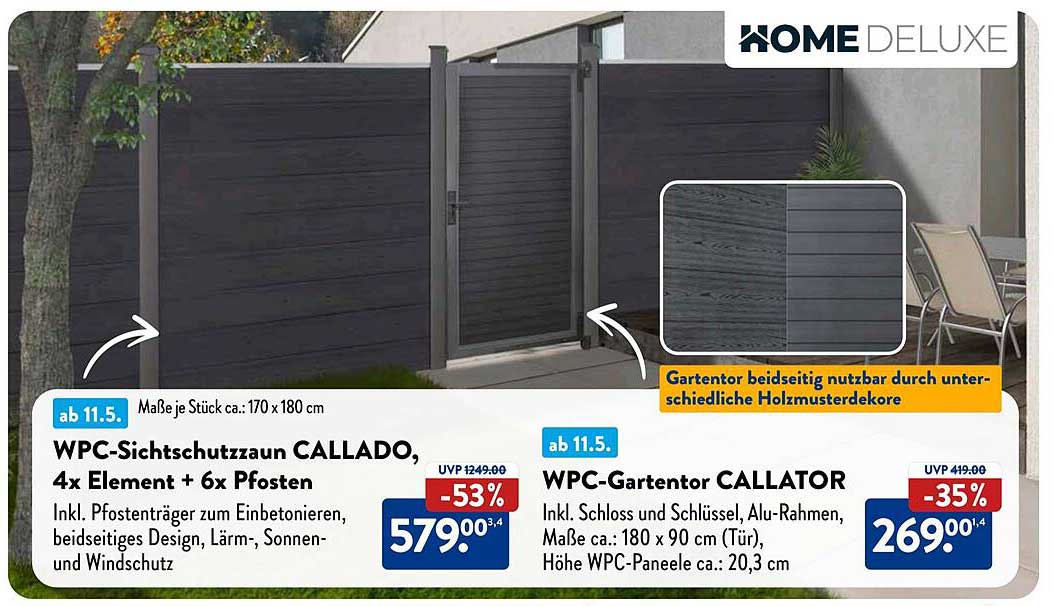 WPC-Sichtschutzzaun CALLADO, 4x Elemente + 6x Pfosten