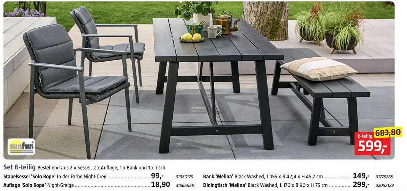 6-teiliges Gartenmöbel-Set bestehend aus 2 Sesseln, 2 Auflagen, 1 Bank und 1 Tisch