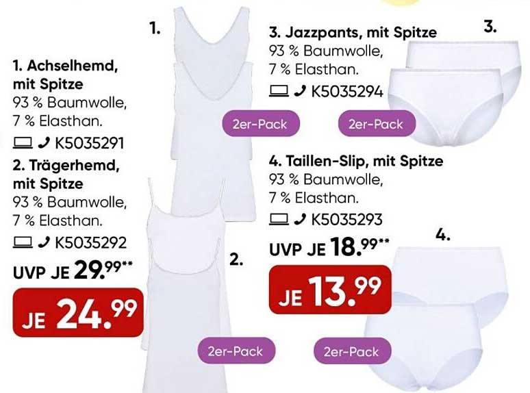 Achselhemd, Trägerhemd, Jazzpants und Taillen-Slip mit Spitze im 2er-Pack