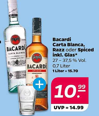 Bacardi Carta Blanca, Razz oder Spiced inkl. Glas