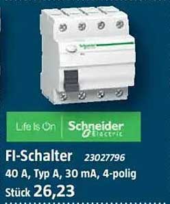 FI-Schalter 40 A, Typ A, 30 mA, 4-polig