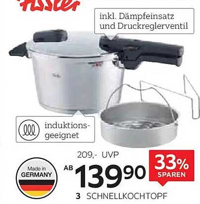 Fissler Schnellkochtopf mit Dämpfeinsatz und Druckregelventil