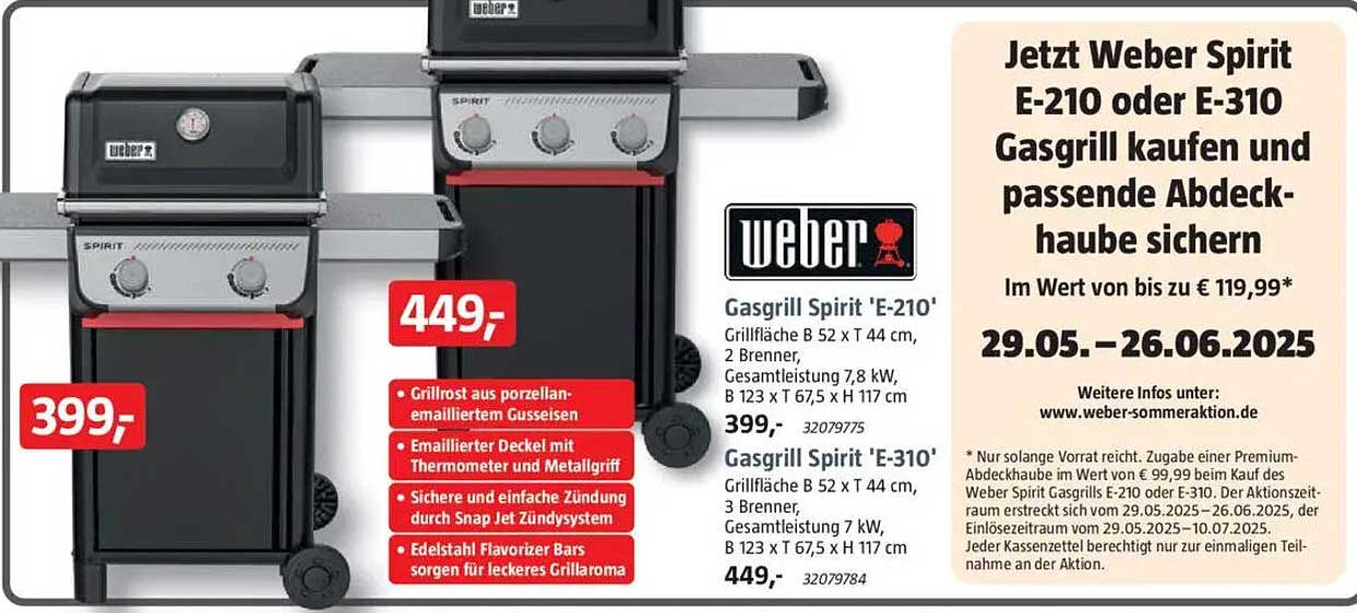 Jetzt Weber Spirit E-210 oder E-310 Gasgrill kaufen und passende Abdeckhaube sichern
