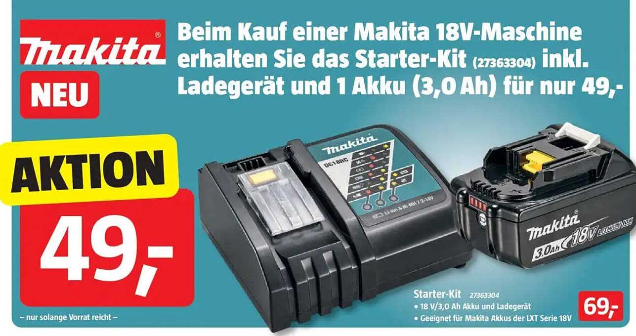 Makita 18V-Maschine - Starter-Kit inkl. Ladegerät und Akku für nur 49,-