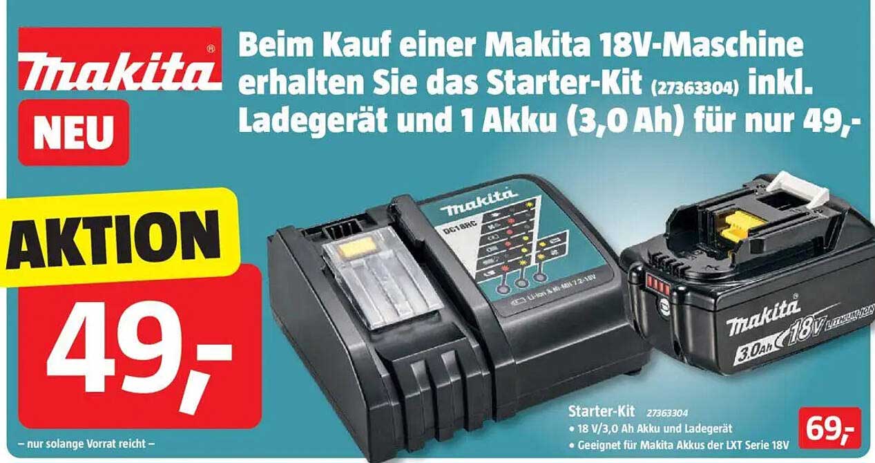 Makita Starter-Kit inkl. Ladegerät und 1 Akku (3,0 Ah) für nur 49,-