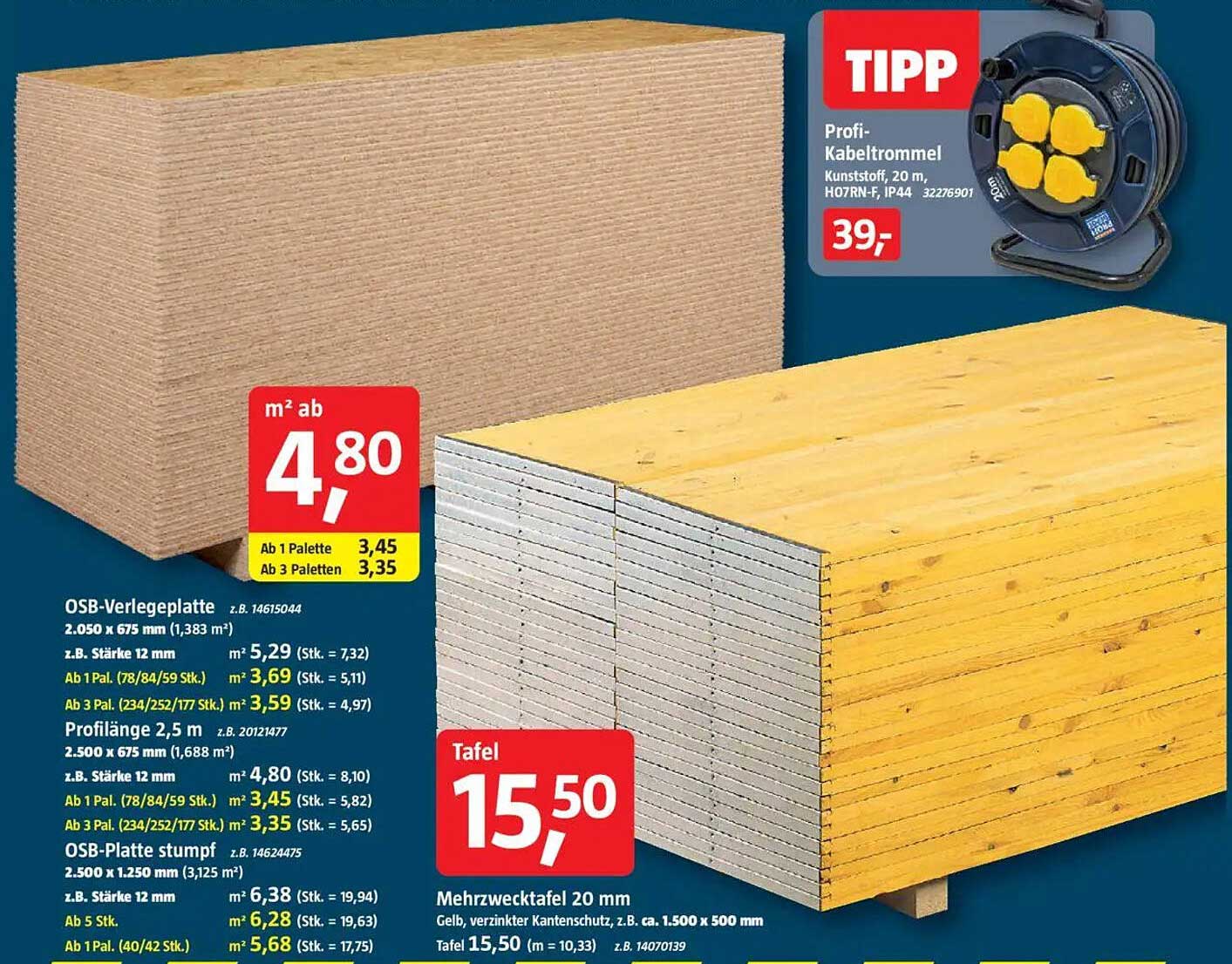 OSB-Verlegeplatte ab 4,80 € / m² und Mehrzwecktafel 15,50 €
