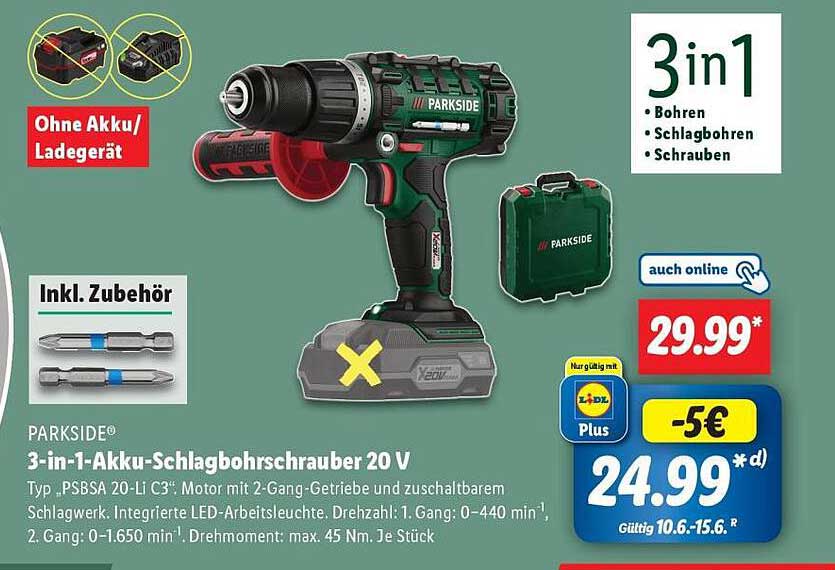 PARKSIDE® 3-in-1 Akku-Schlagbohrschrauber 20 V