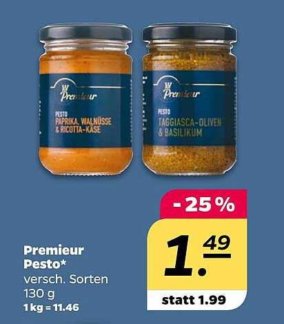 Premieur Pesto - verschiedene Sorten (Paprika, Walnüsse & Ricotta-Käse oder Taggiasca-Oliven & Basilikum)