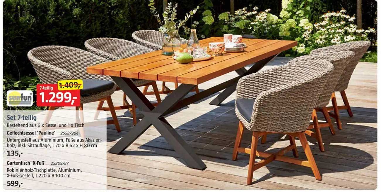 Set 7-teilig - Geflechtstuhl 'Pauline' und Gartentisch 'X-Fuß'