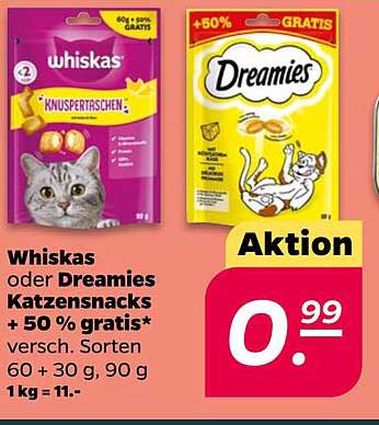 Whiskas oder Dreamies Katzensnacks + 50 % gratis