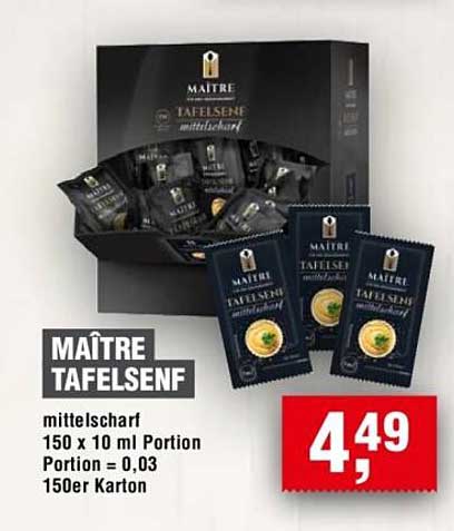MAÎTRE TAFELSENF mittelscharf 150 x 10 ml Portion Portion = 0,03 150er Karton