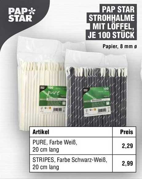 PAP STAR STROHHALME MIT LÖFFEL, JE 100 STÜCK