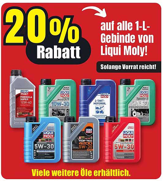 20% Rabatt auf alle 1-L-Gebinde von Liqui Moly!