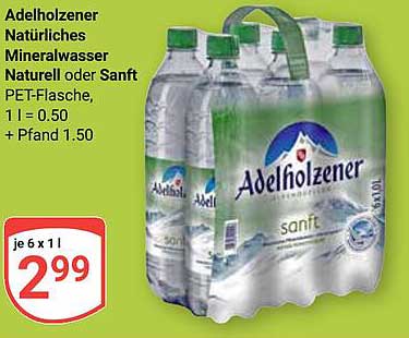 Adelholzener Natürliches Mineralwasser, Natürliche oder Sanft PET-Flasche, je 6 x 1 l