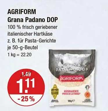 AGRIFORM Grana Padano DOP 100 % frisch geriebener italienischer Hartkäse