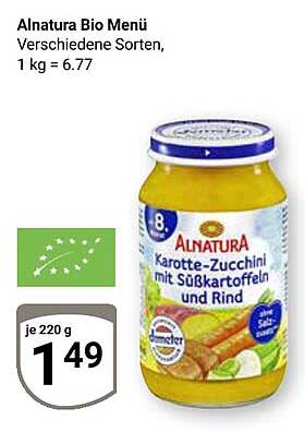 Alnatura Bio Menü Karotte-Zucchini mit Süßkartoffeln und Rind, 220 g