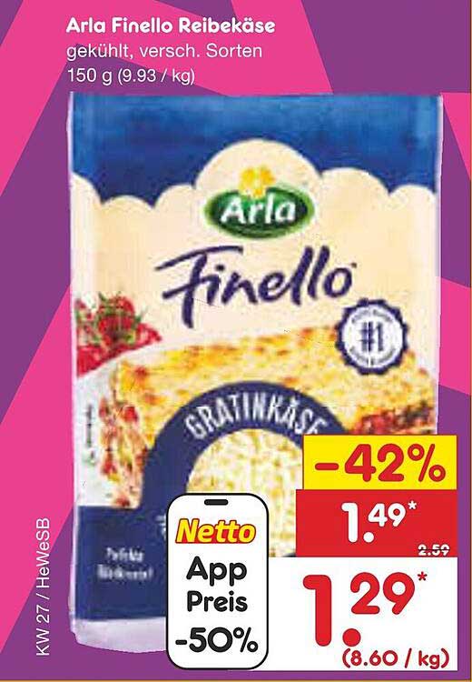 Arla Finello Reibekäse, gekühlt, versch. Sorten, 150 g