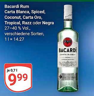 Bacardi Rum Carta Blanca, Spiced, Coconut, Carta Oro, Tropical, Razz oder Negra 27–40 % Vol.