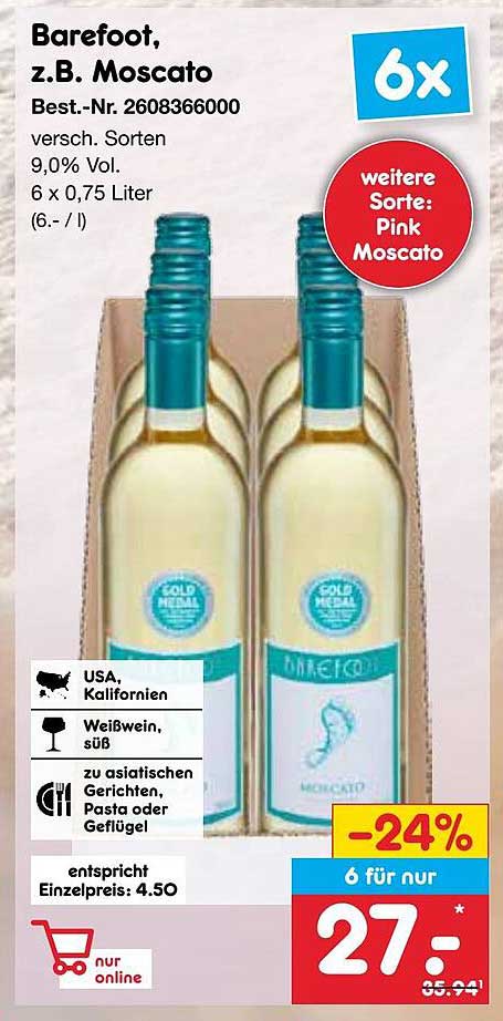 Barefoot, z.B. Moscato - 6x0,75 Liter