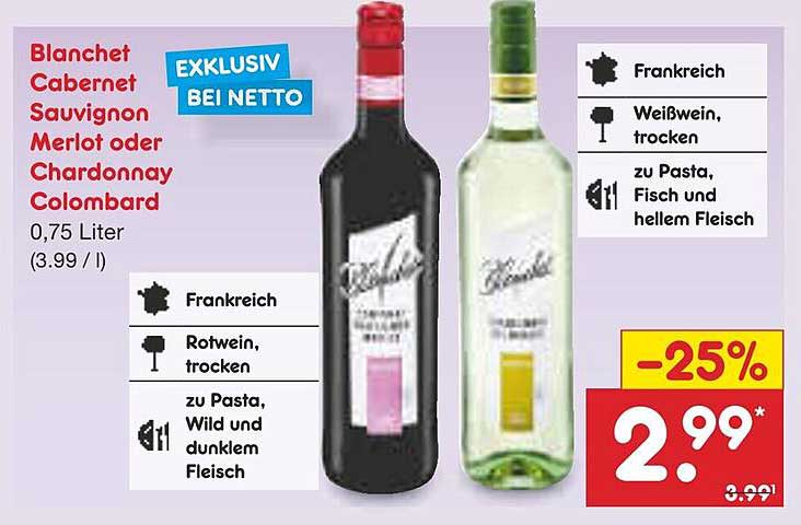 Blanchet Cabernet Sauvignon Merlot oder Chardonnay Colombard 0,75 Liter - exklusiv bei Netto