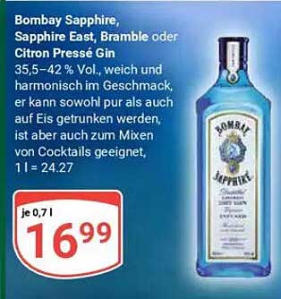 Bombay Sapphire, Sapphire East, Bramble oder Citron Pressé Gin 0,7l