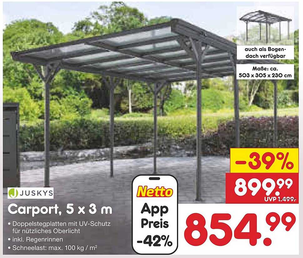 Carport, 5 x 3 m von Juskys mit UV-Schutz