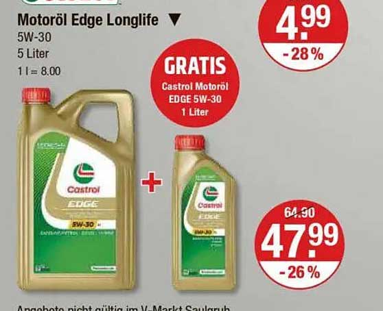 Castrol Motoröl Edge Longlife 5W-30 (5 Liter) + 1 Liter gratis