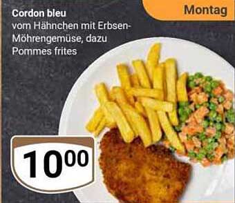 Cordon bleu vom Hähnchen mit Erbsen-Möhrengemüse, dazu Pommes frites