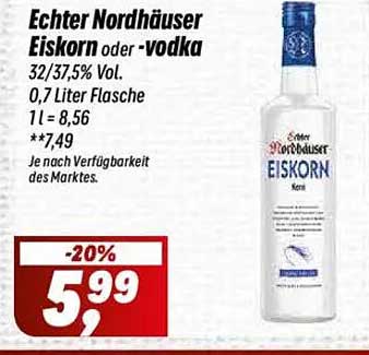 Echter Nordhäuser Eiskorn oder Vodka 0,7 Liter Flasche
